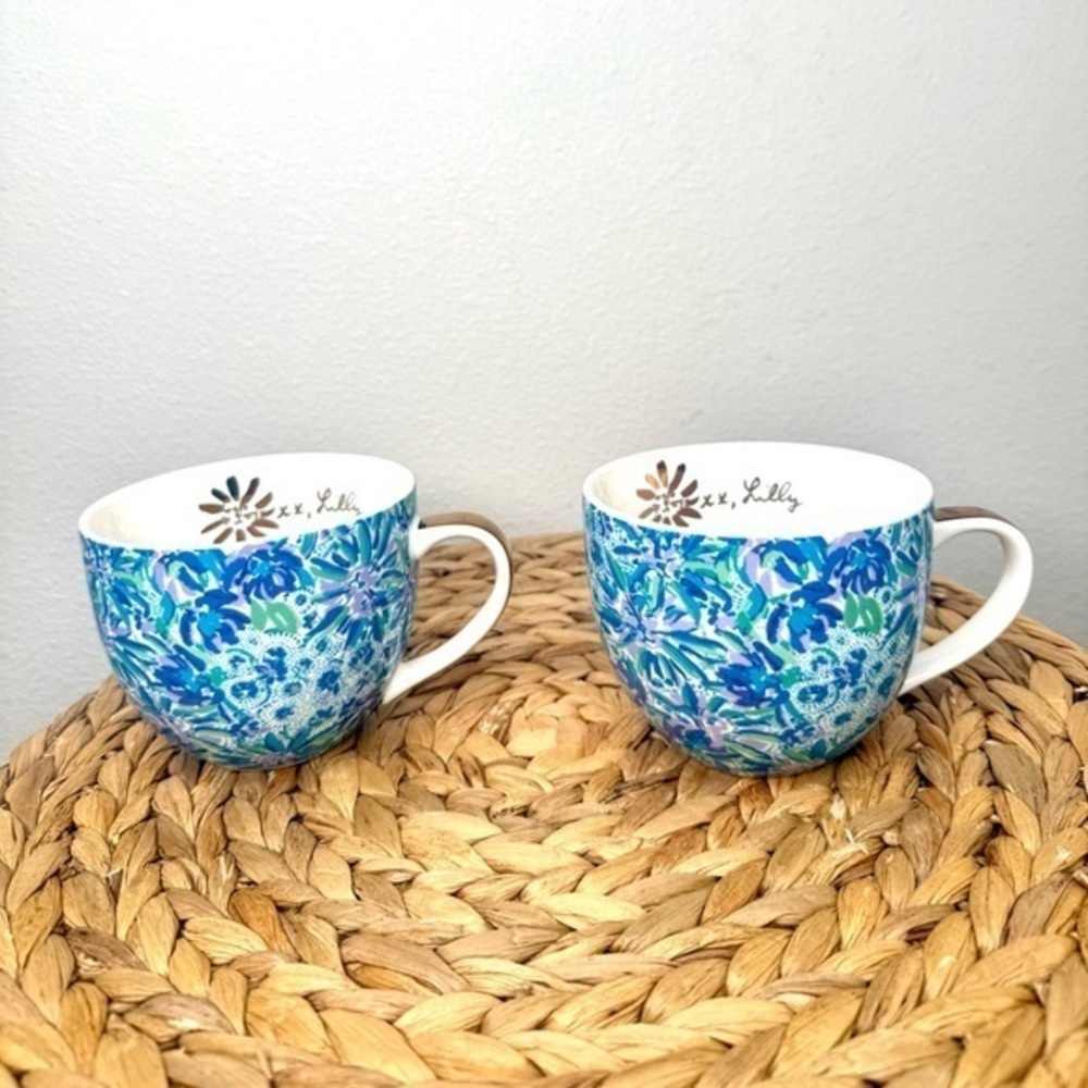 Lilly Pulitzer Coffee Mug set High Maintenance Blue Floral Gold Trim Mugs
